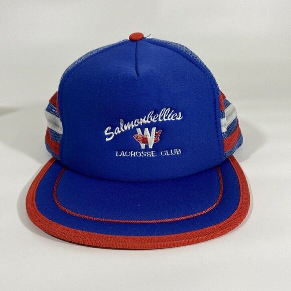 Vintage Snap Back Mesh Trucker Hat Cap Blue Red White 3 Stripes Lacrosse Club - Picture 2 of 10